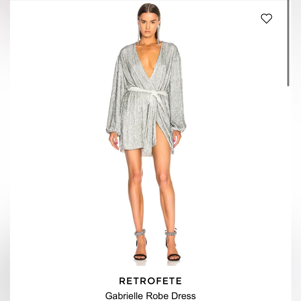 RETROFETE Womens Sequin Velvet GABRIELLE Silver Puff Sleeve Tie WRAP DRESS NWT S